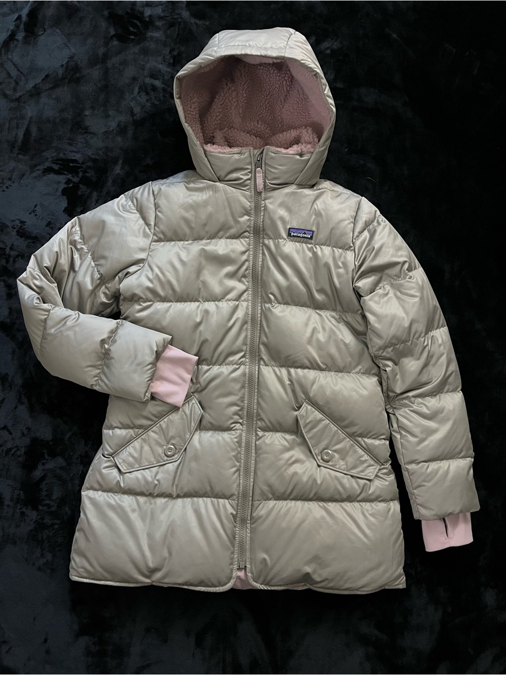 Patagonia Girls Down Parka in Taupe / Dusty Pink - Girl’s Size XL (14)